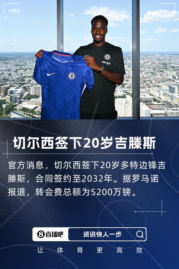 签至2032！官方：切尔西签下20岁多特翼锋吉滕斯，转会费5200万镑