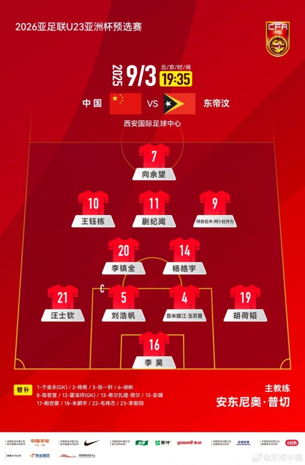 4231！U22国足官方阵形  ：向余望突前，王钰栋、拜合拉木分居两翼