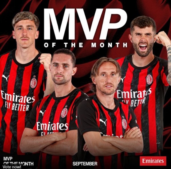 AC米兰官方9月最佳球员候选：莫德里奇、普利西奇、拉比奥特在列