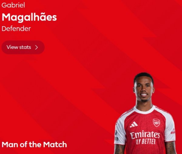 6次解围，英超官方：加布里埃尔当选阿森纳1-0水晶宫全场最佳