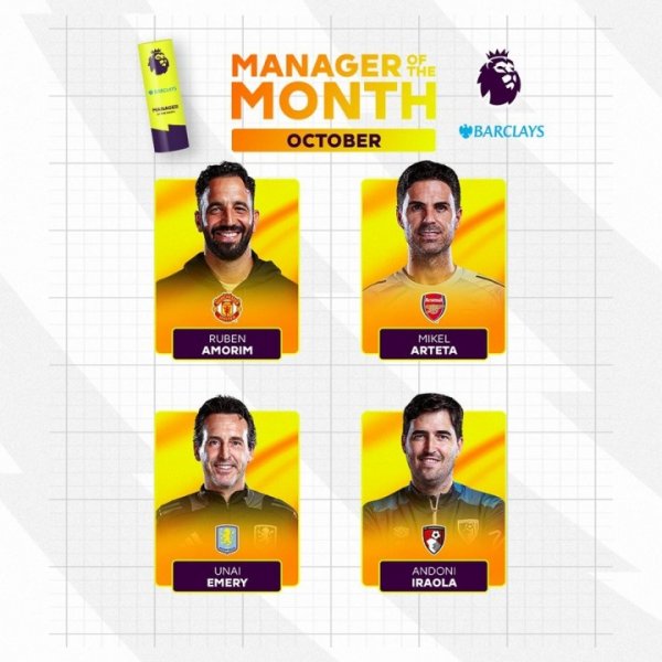 阿莫林首次入选！英超10月最佳主帅候选：阿莫林、阿尔特塔在列